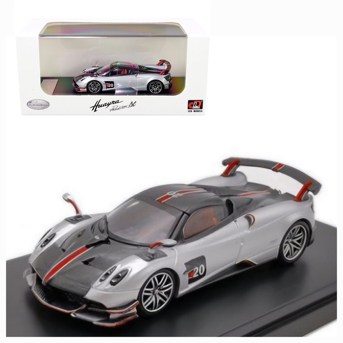Pagani Huayra BC Roadster-(Silver and Carbon with Red and White Stripes)