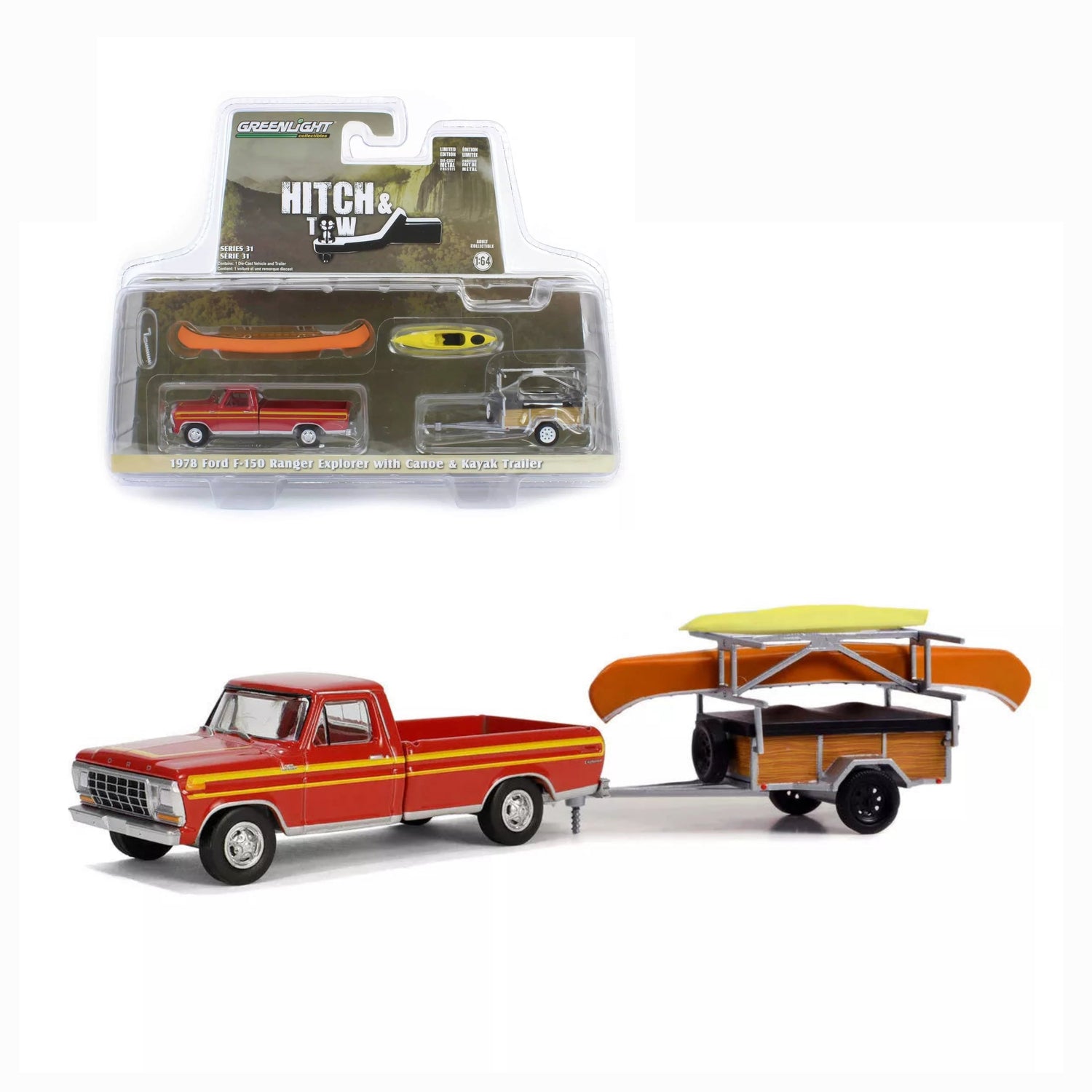 1978 Ford F-150 Ranger Explorer in Maroon and Orange Explorer Stripes with Canoe Trailer and Canoe Rack