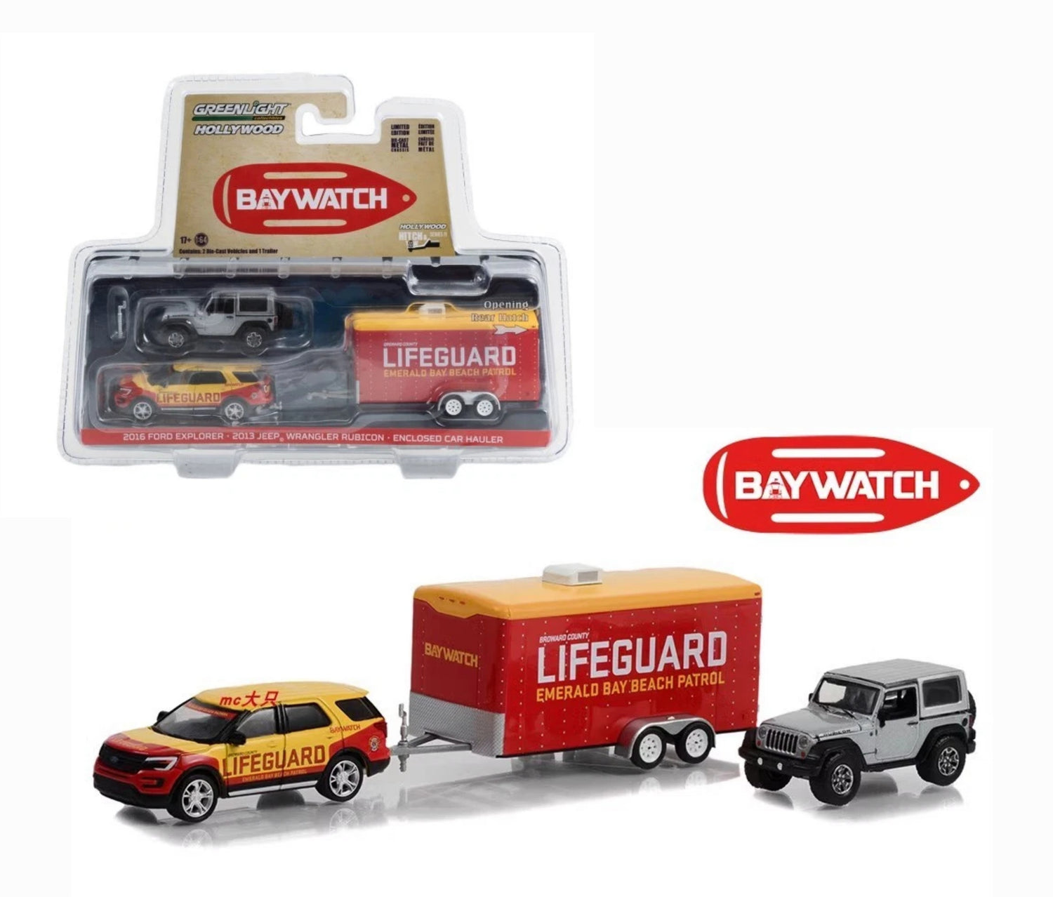 2016 Ford Explorer Emerald Bay Beach Patrol Lifeguard with 2013 Jeep Wrangler Rubicon in Enclosed Car Hauler - Baywatch (2017)