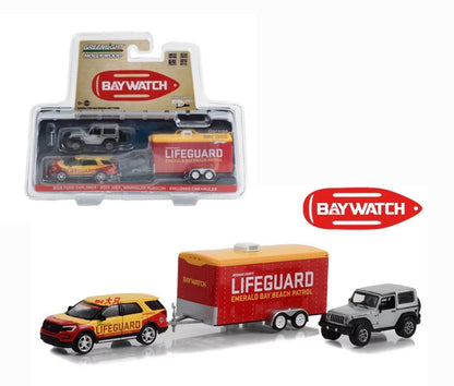 2016 Ford Explorer Emerald Bay Beach Patrol Lifeguard with 2013 Jeep Wrangler Rubicon in Enclosed Car Hauler - Baywatch (2017)