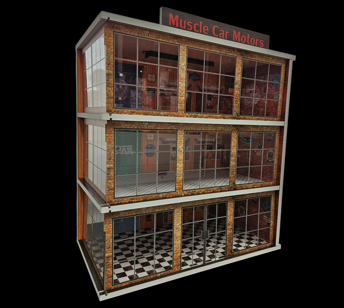 (YCID 1:24 Diorama)  Muscle Car Motors 3 level dealership (diorama avec vitrine a gauche sur photo)
