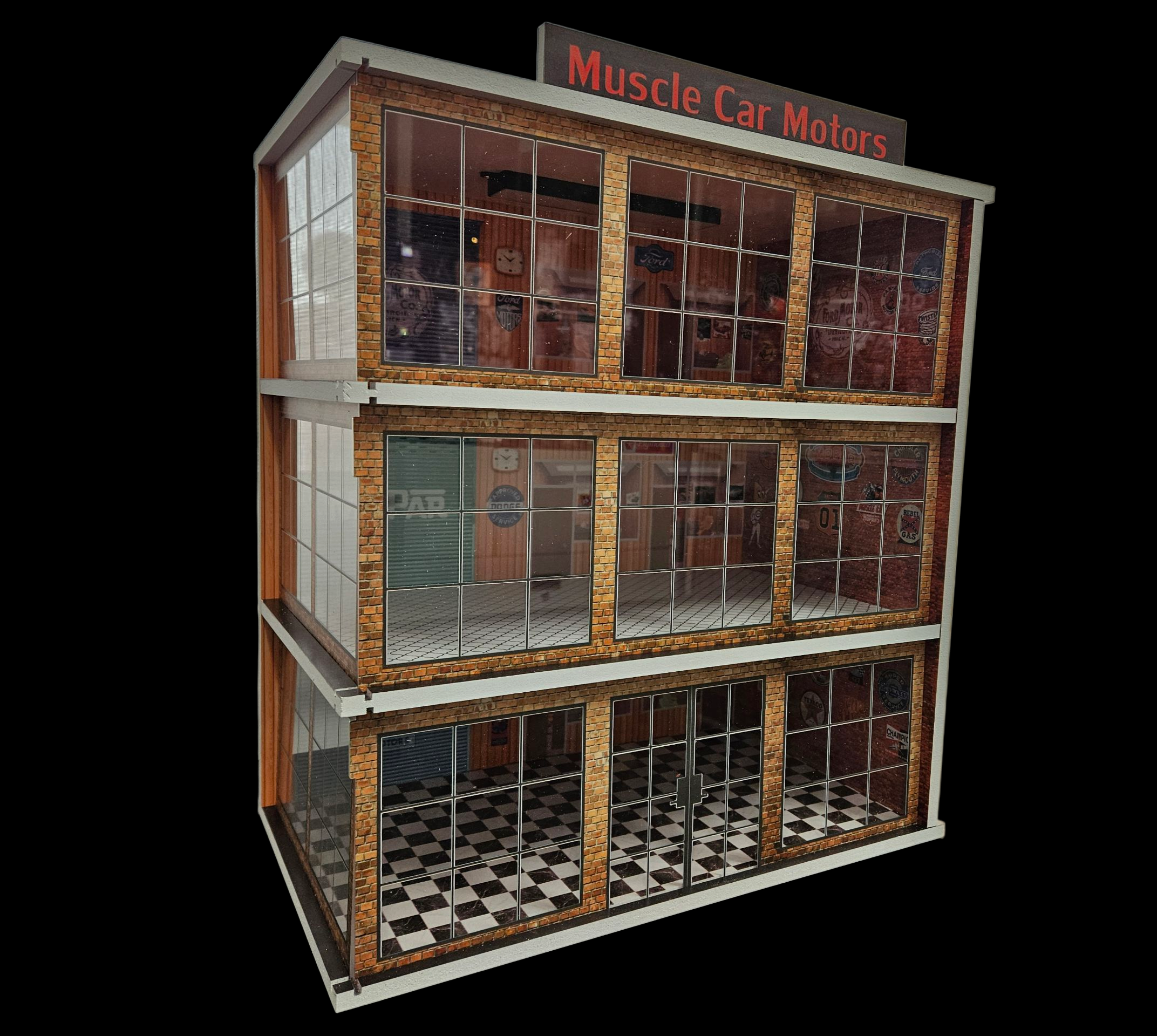 (YCID 1:24 Diorama)  Muscle Car Motors 3 level dealership (diorama avec vitrine a gauche sur photo)