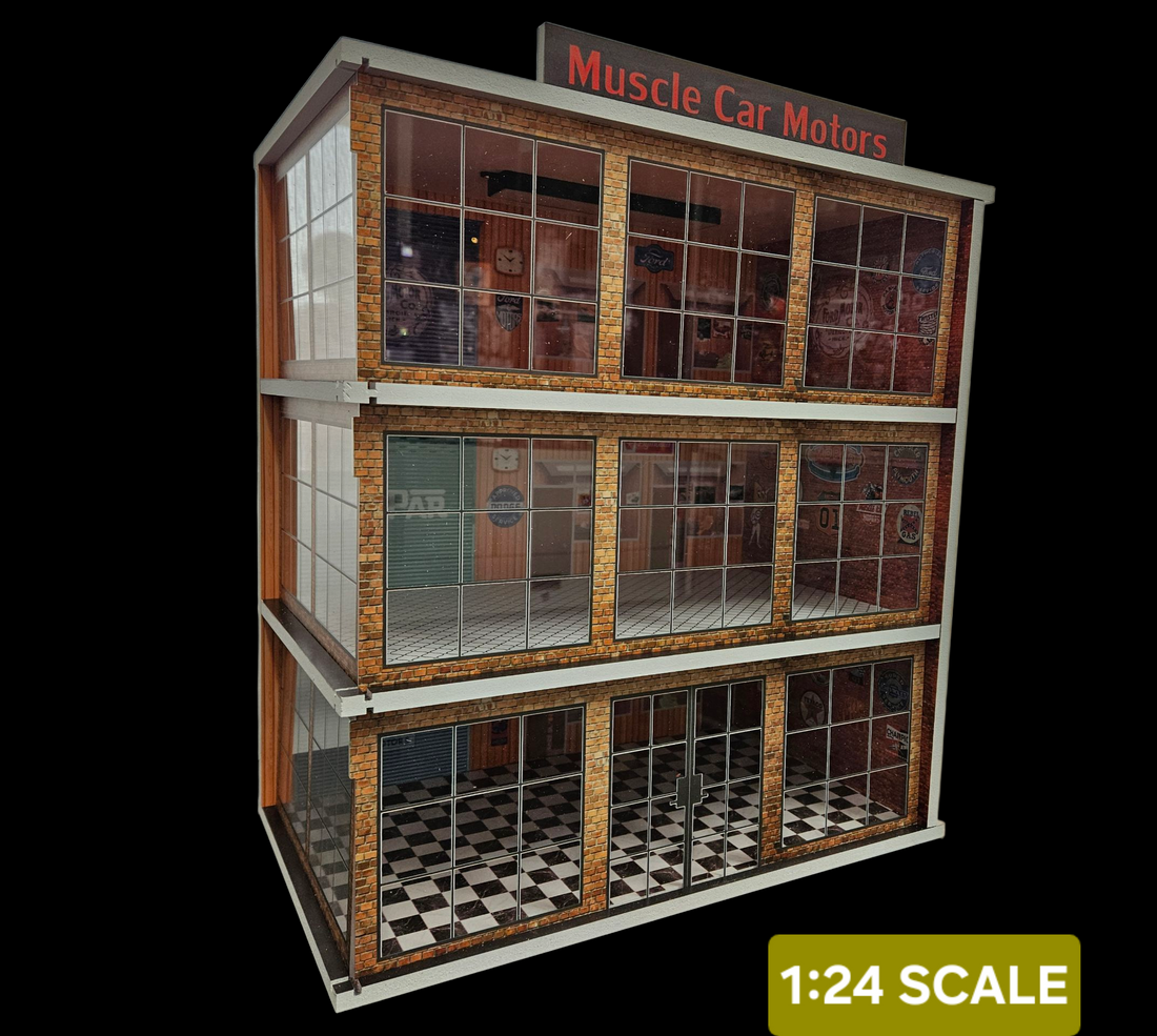 (Scale 1:24 Diorama) YCID-Muscle Car Motors 3 level dealership (left diorama displayed on picture)