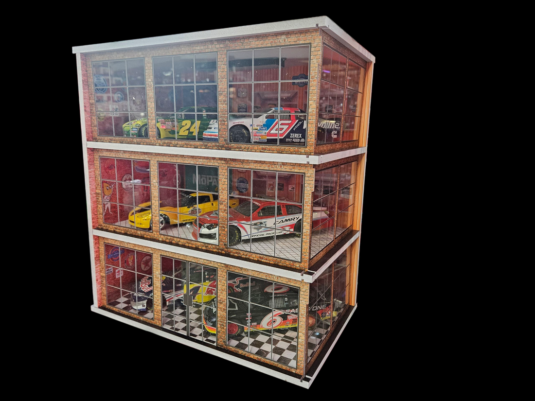 (YCID 1:24 Diorama) Muscle Car Motors 3 level dealership (diorama avec vitrine a droite sur photo)