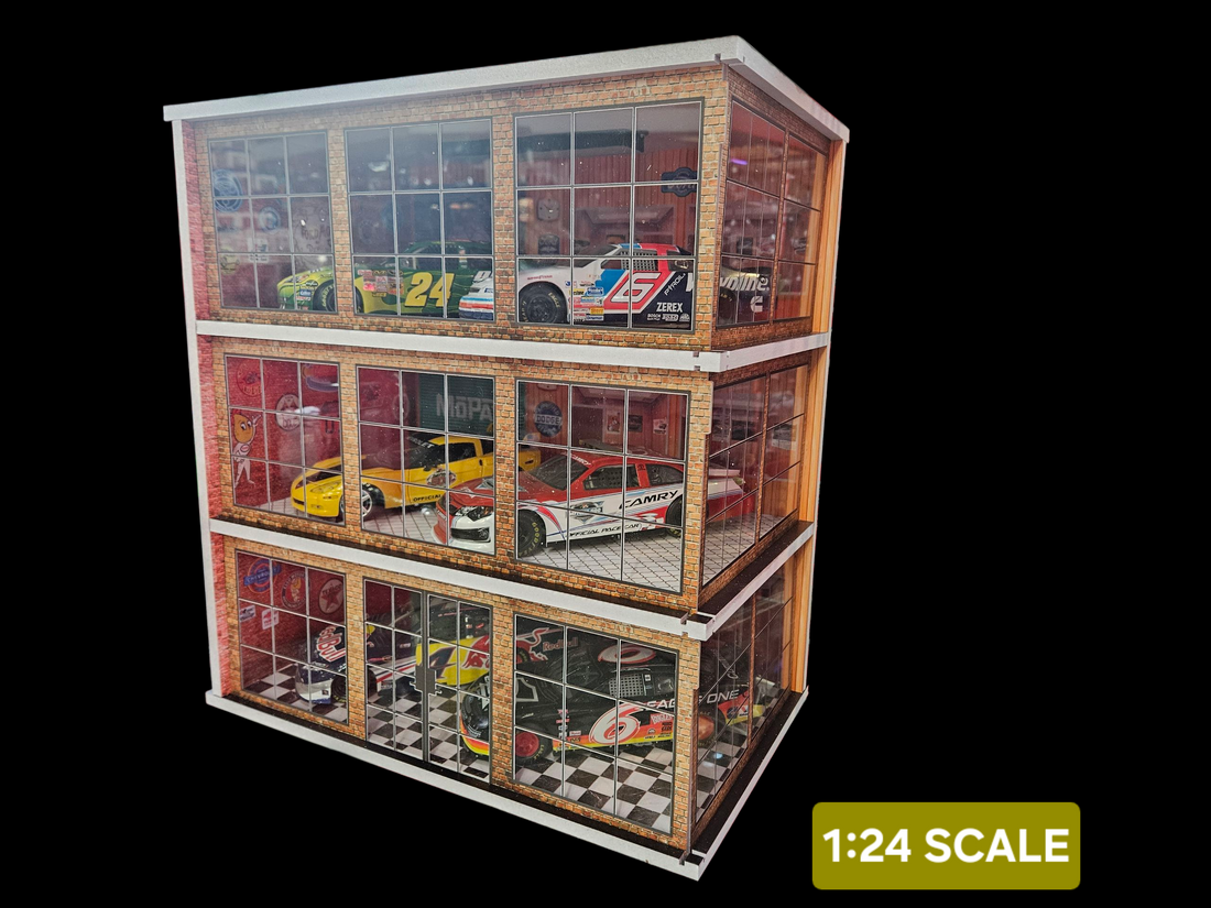 (YCID 1:24 Diorama) Muscle Car Motors 3 level dealership (diorama avec vitrine a droite sur photo)