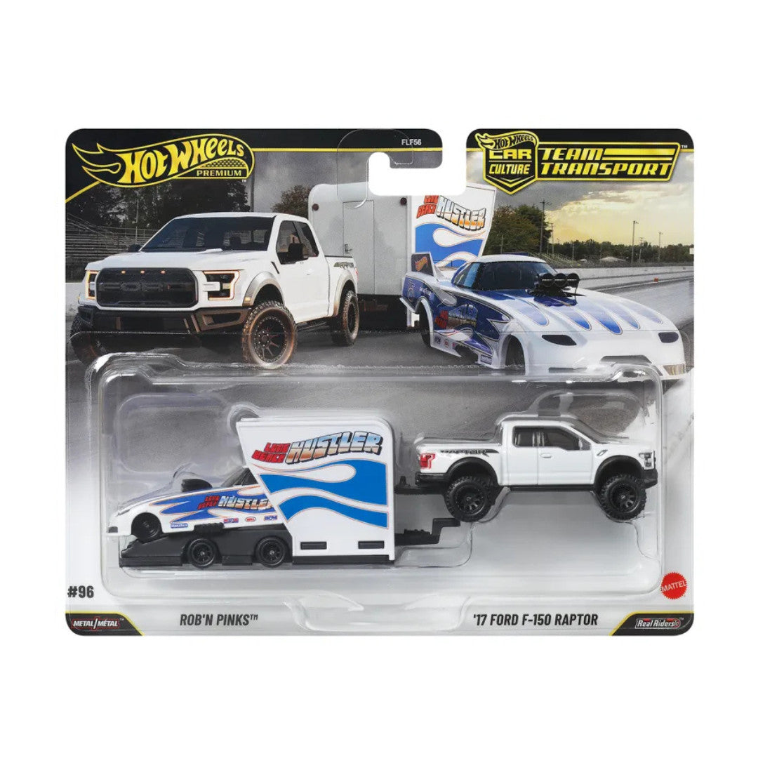 Hot Wheels Premium 1:64 Ford F-150 Raptor 2017 &amp; Rob’N Pinks avec remorque – Team Transport 2026 