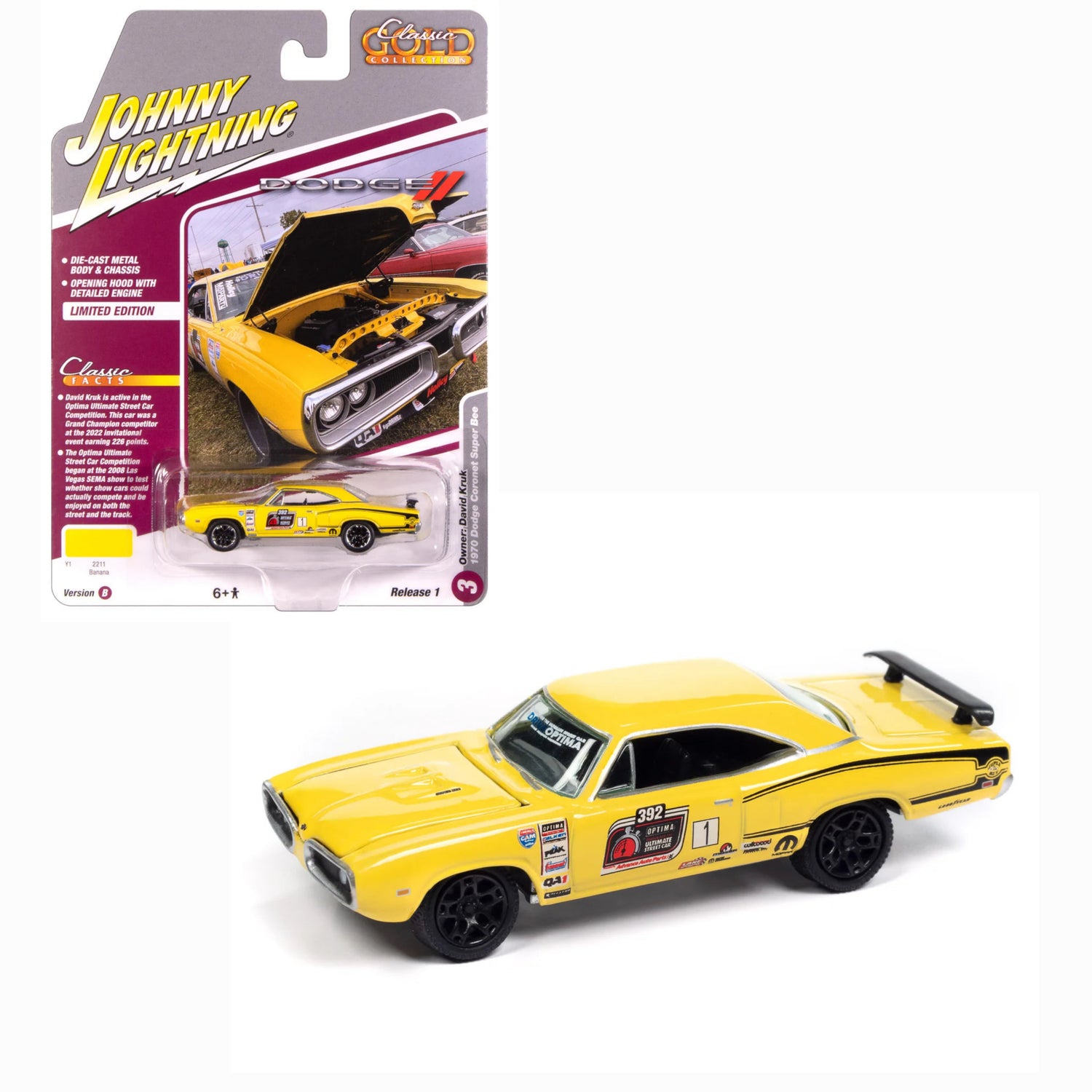 Johnny Lightning- 1970 Dodge Super Bee (Banana w/Optima Ultimate Street Car Race Graphics) JLSP389-B