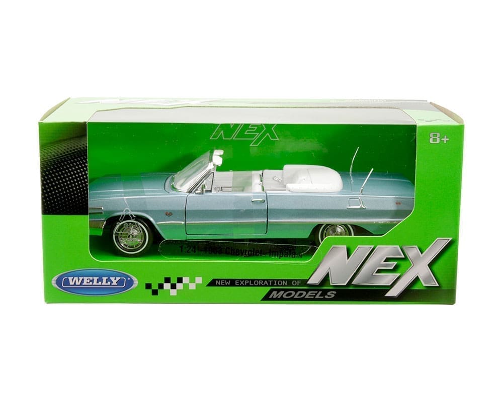 Welly 1:24 Chevrolet Impala décapotable 1963 – Bleue avec intérieur blanc – 22434W-BL