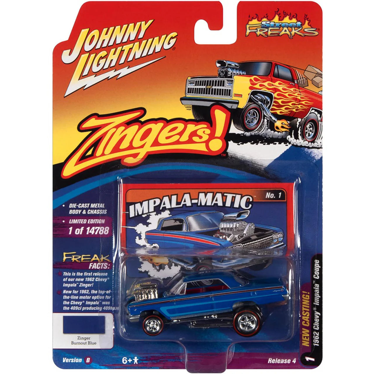 Johnny Lightning 1:64 1962 Chevrolet Impala Coupe Zinger Deep Blue Gloss - Street Freaks - JLSF022-4B-1