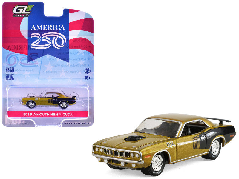 1971 Plymouth Hemi ’Cuda Gold Metallic with Black Accents America 250 Edition Anniversary Collection Series 18 GreenLight 1:64 – GL28180-D
