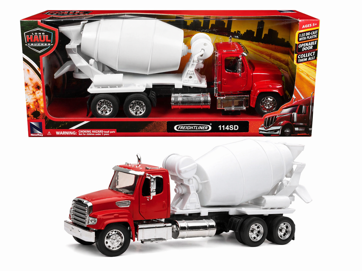 Mélangeur à ciment Freightliner 114SD rouge et blanc