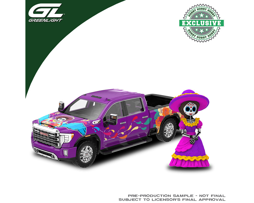(PRE-ORDER 2026) 2023 GMC Sierra 3500 HD Dia De Los Muertos avec figurine La Catrina mauve - Greenlight 1:64 - 30616