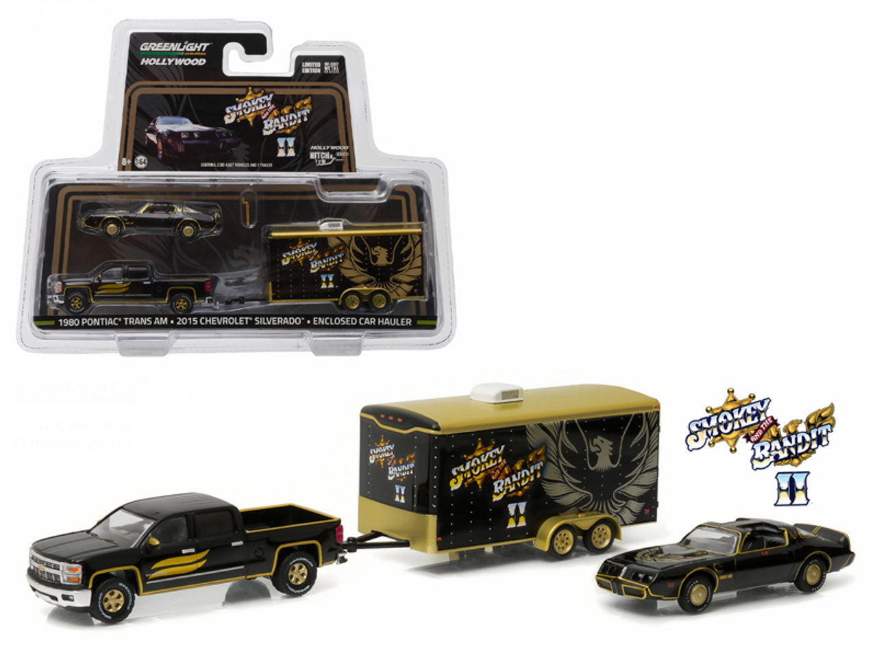 CHASE GREEN MACHINE-2015 Chevrolet Silverado and 1980 Pontiac Trans Am with Enclosed Car Hauler "Smokey &amp; The Bandit II" (1980) (Hollywood Hitch and Tow Series 1)