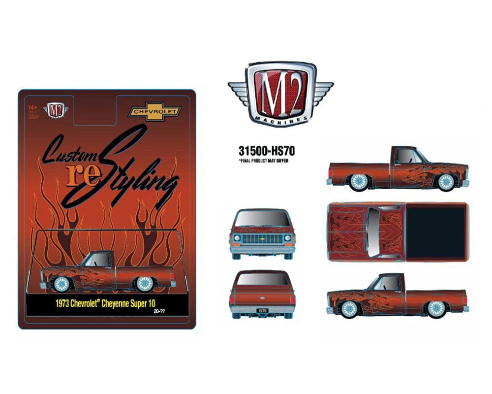 (PRE-0RDER 2025) 1973 Chevrolet Cheyenne Super 10 Custom Re Styling – Brown w/ Flames  (M2 Machines 31500-HS70)