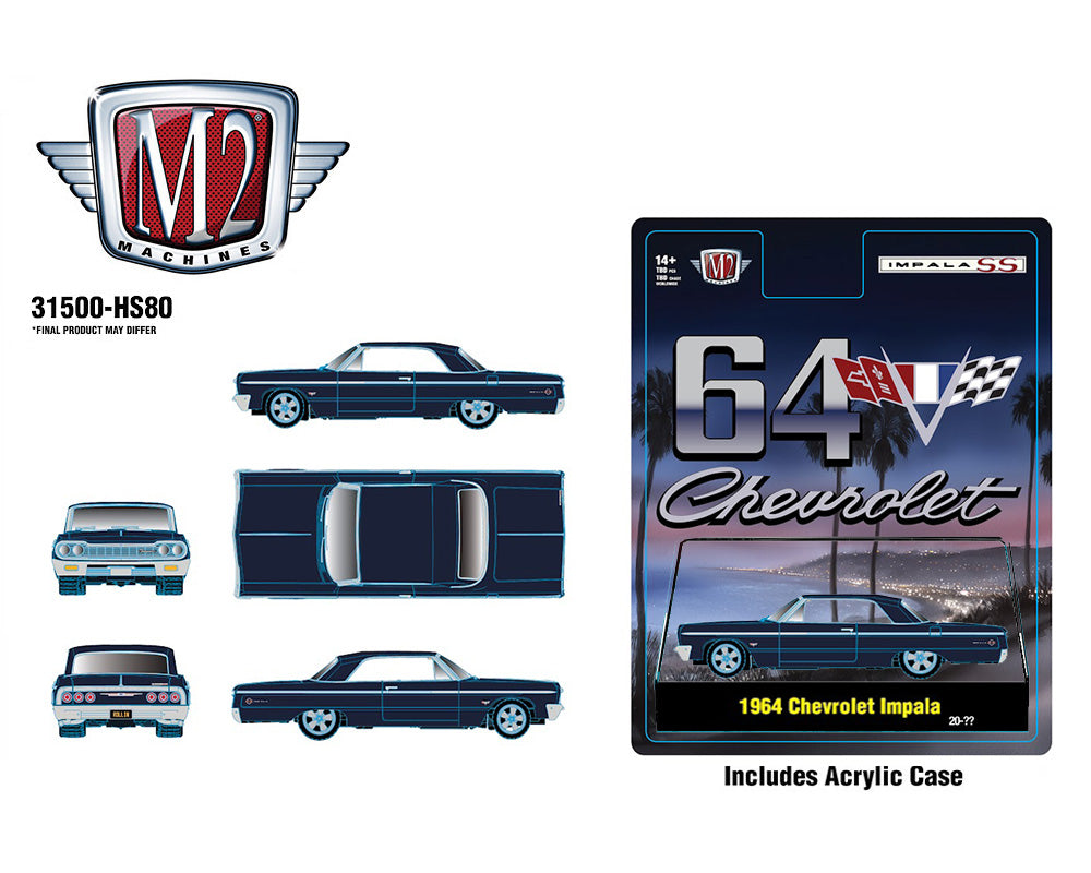 (PRE-ORDER 2026) M2 Machines 1:64 1964 Chevrolet Impala Hard Top – Daytona Blue Metallic 31500-HS80