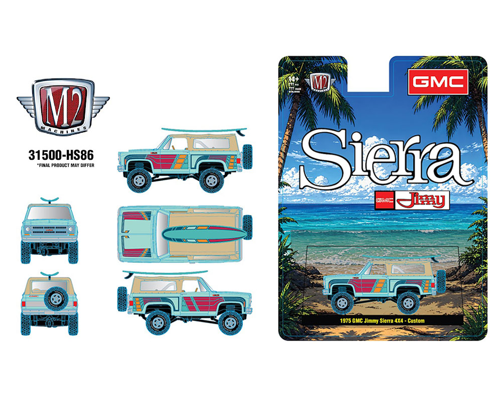 (PRE-ORDER 2026) M2 Machines 1:64-1975 GMC Jimmy Sierra 4×4 Custom w/ Surfboard – Hobby Exclusive 31500-HS86