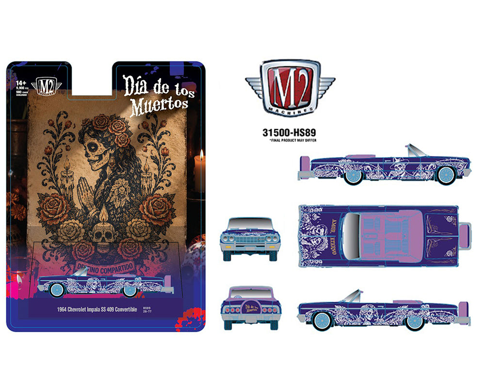 (PRE-ORDER 2026) M2 Machines 1:64 1964 Chevrolet Impala SS 409 Convertible “Dia De Los Muertos” – Purple – Hobby Exclusive