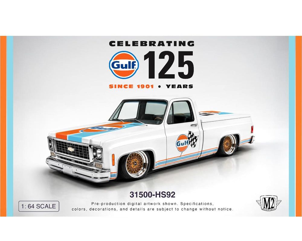 (PRE-ORDER 2027) M2 Machines 1:64 1973 Chevrolet Custom Deluxe 10 “GULF” – White – Hobby Exclusive – 31500-HS92
