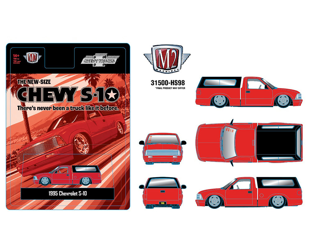 (PRE-ORDER 2027) M2 Machines 1:64 1995 Chevrolet S10 with Camper Shell – Red – Hobby Exclusive (PRE-ORDER 2027) 31500-HS98
