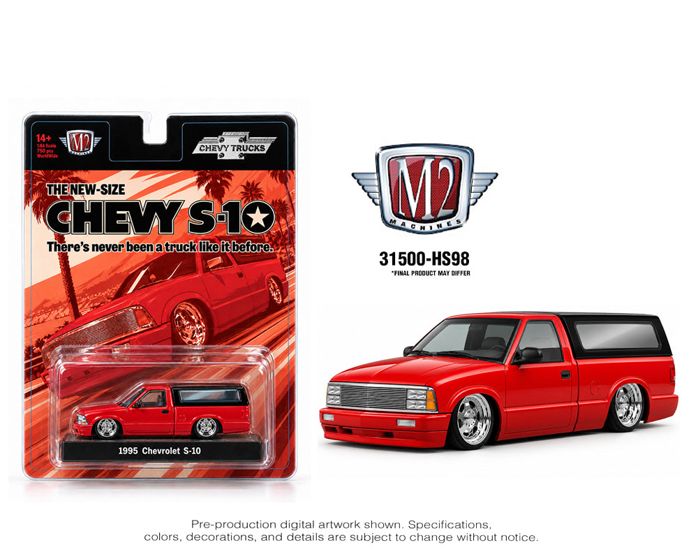 (PRE-ORDER 2027) M2 Machines 1:64 1995 Chevrolet S10 with Camper Shell – Red – Hobby Exclusive (PRE-ORDER 2027) 31500-HS98