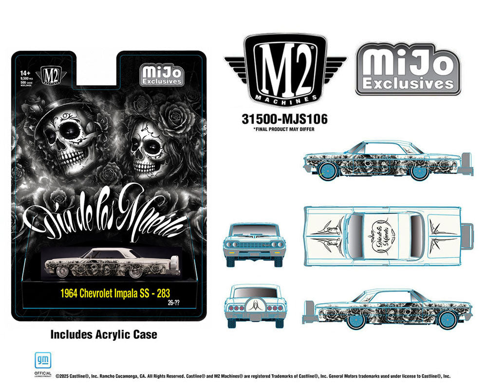 (PRE-ORDER 2026) M2 Machines 1:64 1964 Chevrolet Impala SS Hard Top Lowrider Dias De Los Muertos Pearl White 31500-MJS106