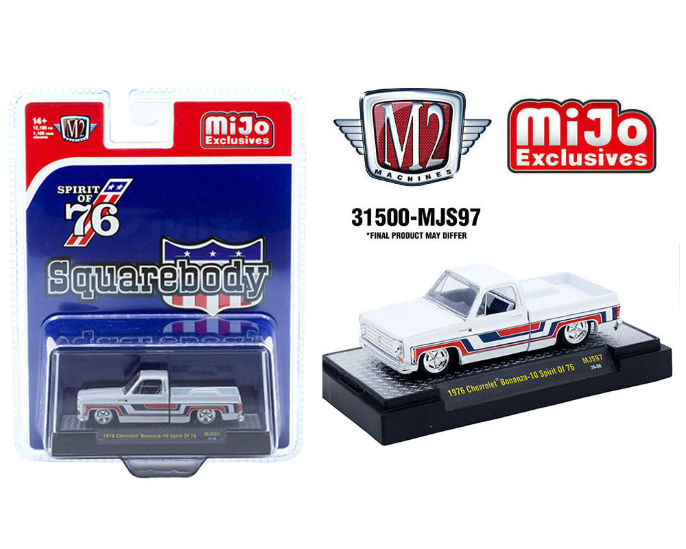 M2 Machines 1:64 1976 Chevrolet Silverado Bonanza-10 SPIRIT OF 76 Squarebody USA Special Edition – White – MiJo Exclusives 31500-MJS97
