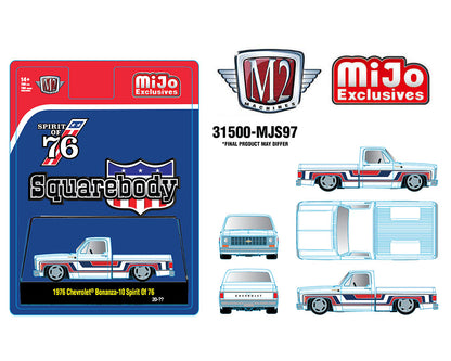 M2 Machines 1:64 1976 Chevrolet Silverado Bonanza-10 SPIRIT OF 76 Squarebody USA Special Edition – White – MiJo Exclusives 31500-MJS97