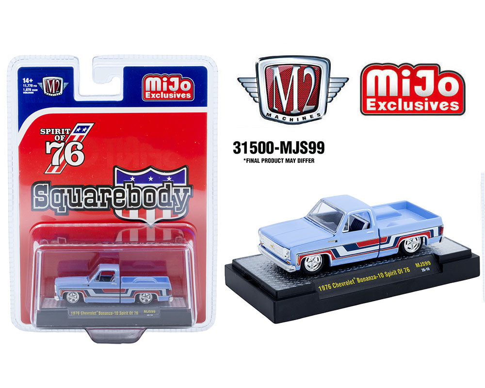 M2 Machines 1:64 1976 Chevrolet Silverado Bonanza-10 SPIRIT OF 76 Squarebody USA Special Edition – Blue – MiJo Exclusives 31500-MJS99
