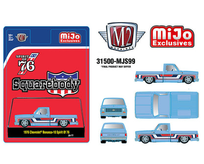 M2 Machines 1:64 1976 Chevrolet Silverado Bonanza-10 SPIRIT OF 76 Squarebody USA Special Edition – Blue – MiJo Exclusives 31500-MJS99