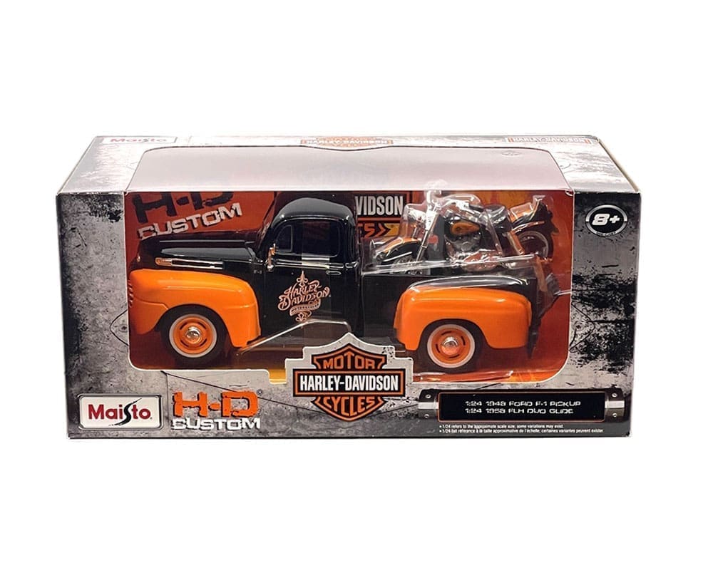 Maisto 1:24 Ford F1 Pickup 1948 avec Harley-Davidson FLH Duo Glide – H-D Custom – 32180BKOR