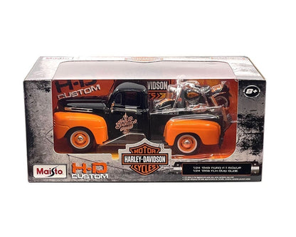 Maisto 1:24 Ford F1 Pickup 1948 avec Harley-Davidson FLH Duo Glide – H-D Custom – 32180BKOR
