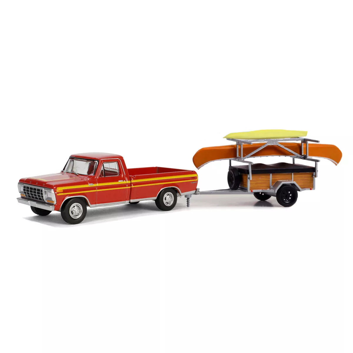1978 Ford F-150 Ranger Explorer in Maroon and Orange Explorer Stripes with Canoe Trailer and Canoe Rack