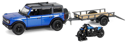 2021 Ford Bronco Black Diamond in Velocity Blue GL32320-C Metallic with Utility Trailer and Motorcycle