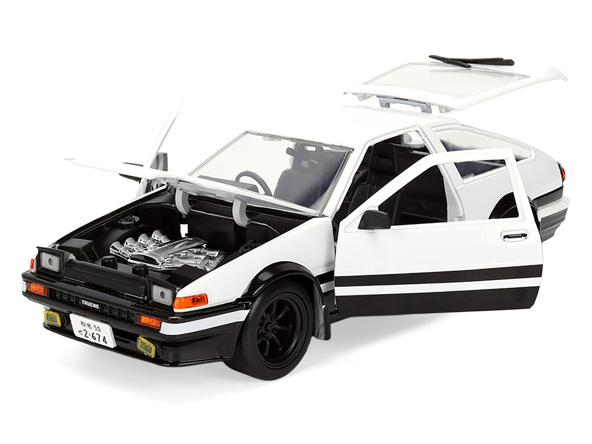 Toyota Trueno (AE86) RHD (Right Hand Drive) White and Black with Graphics and Takumi Diecast Figure "Initial D" (1998-2021) TV Series "Anime