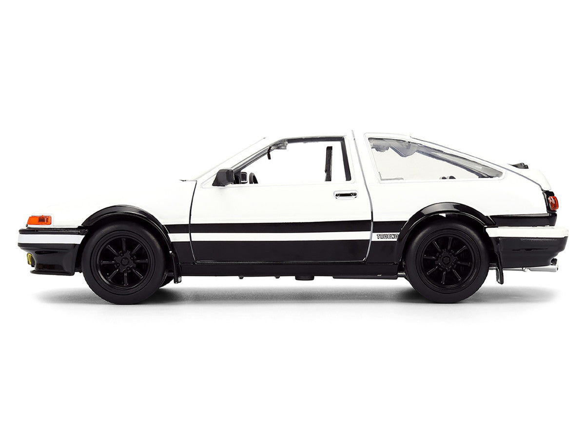 Toyota Trueno (AE86) RHD (Right Hand Drive) White and Black with Graphics and Takumi Diecast Figure "Initial D" (1998-2021) TV Series "Anime