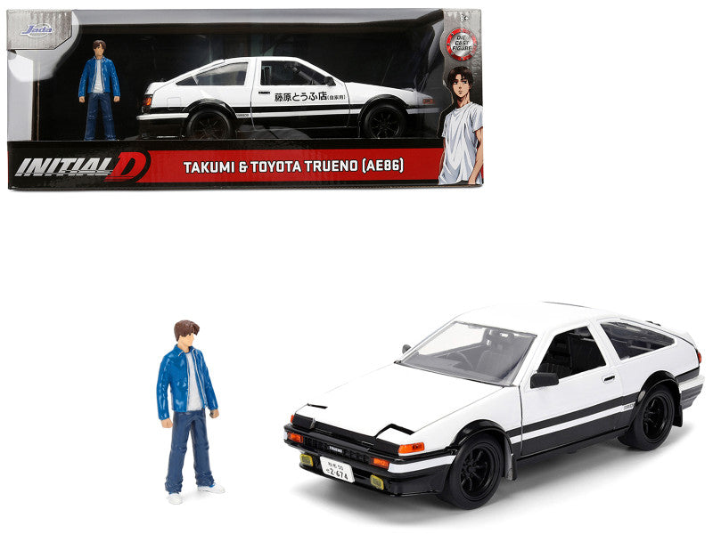 Toyota Trueno (AE86) RHD (Right Hand Drive) White and Black with Graphics and Takumi Diecast Figure "Initial D" (1998-2021) TV Series "Anime