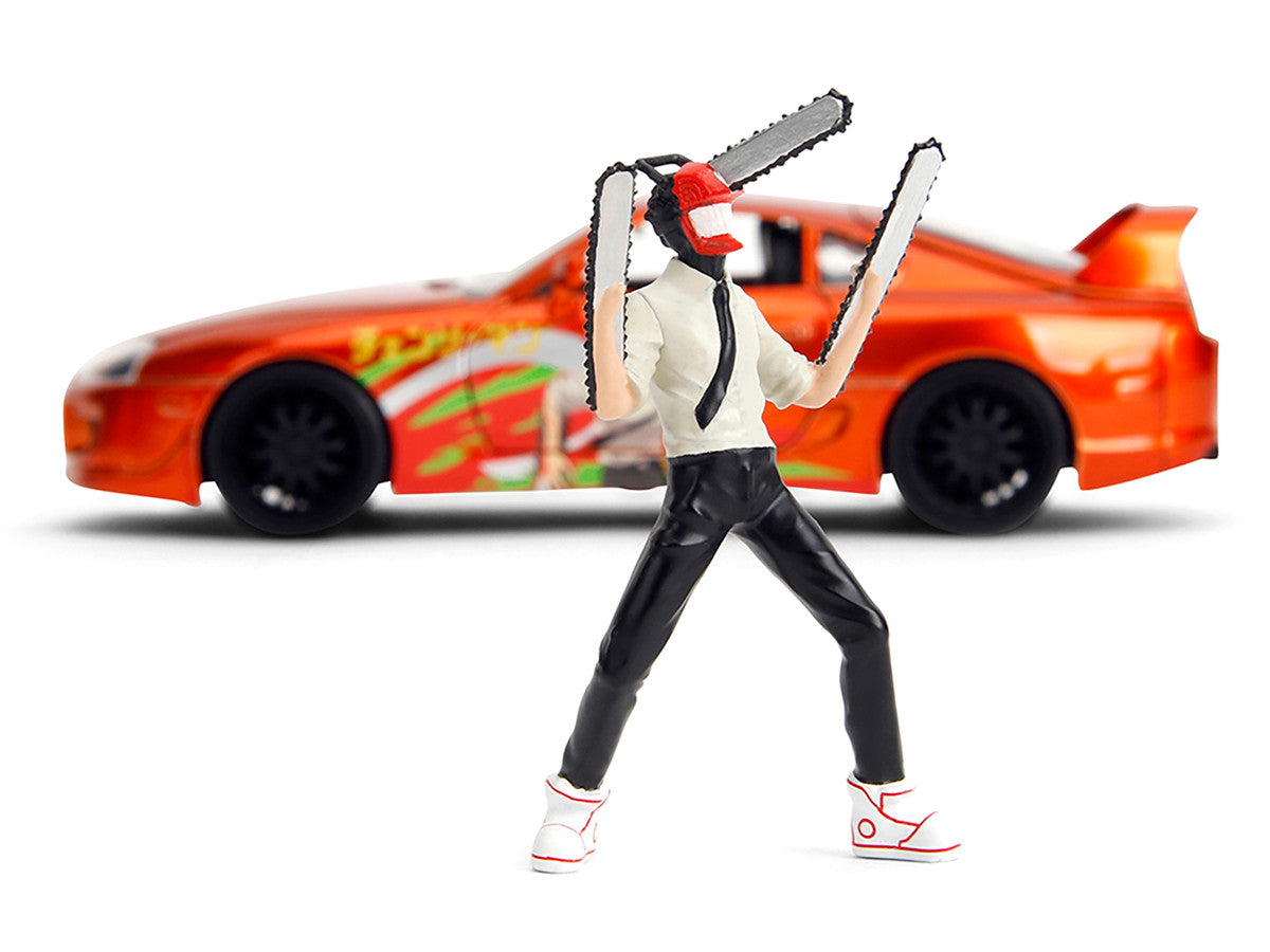 1995 Toyota Supra Orange Metallic with Graphics and Chainsaw Man Diecast Figure "Chainsaw Man" (2022) TV Series