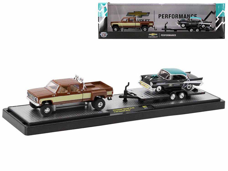 Auto Haulers 1973 Chevrolet Silverado 30 4x4 Pickup Truck and 1957 Chevrolet Bel Air with Flatbed Trailer