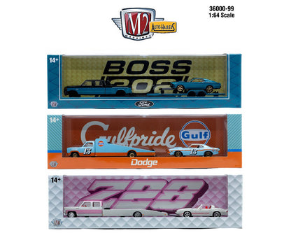 1974 Dodge Truck &amp; 1970 Dodge Challenger T/A Gulf – M2 Machines 1:64 Auto-Haulers Release 99 – 36000-99-B