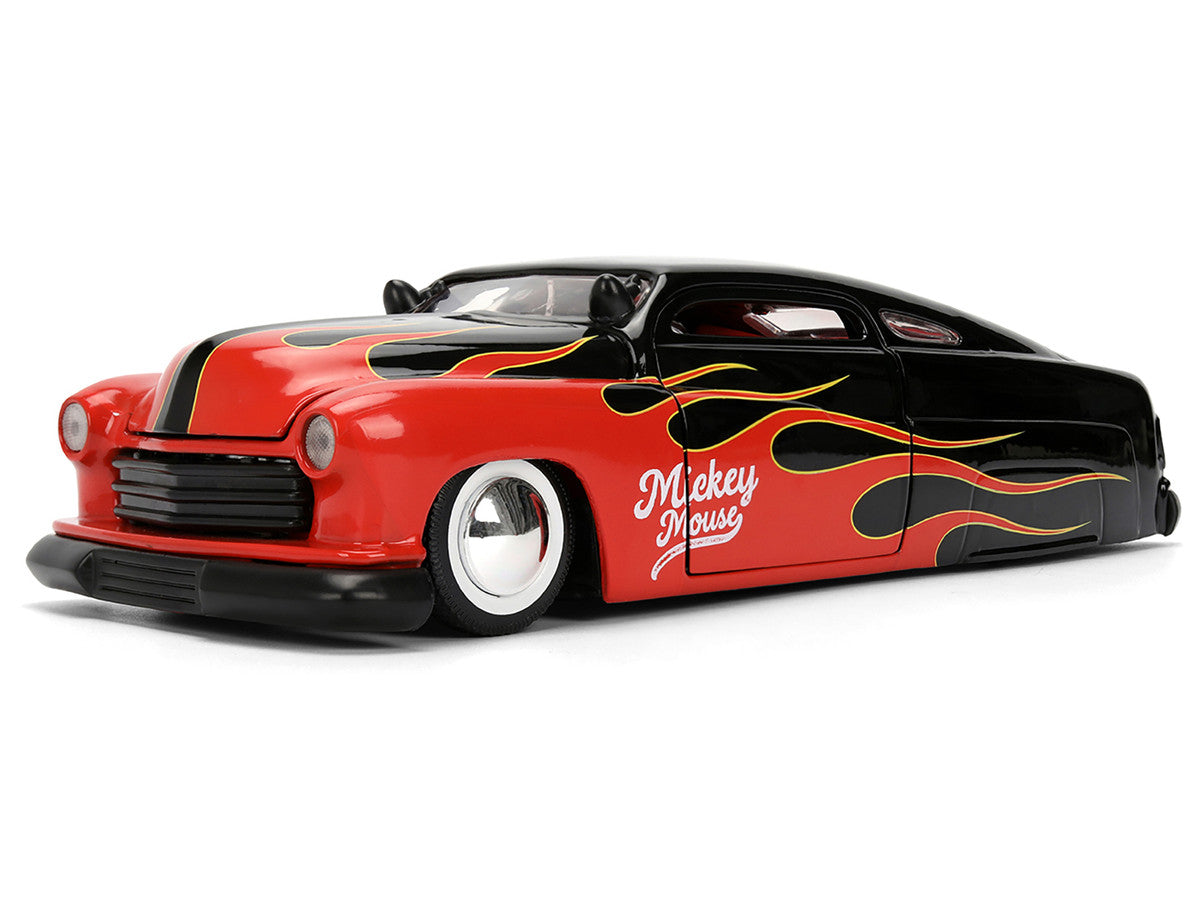 1951 Mercury Coupe Black with Flame Graphics and Red Interior and Mickey Mouse Diecast Figure "Disney&