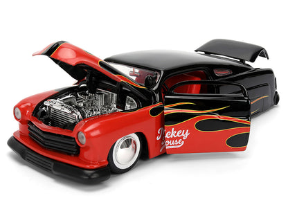 1951 Mercury Coupe Black with Flame Graphics and Red Interior and Mickey Mouse Diecast Figure "Disney&