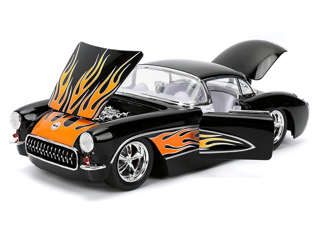 1957 Chevrolet Corvette Black with Flame Graphics and White Interior