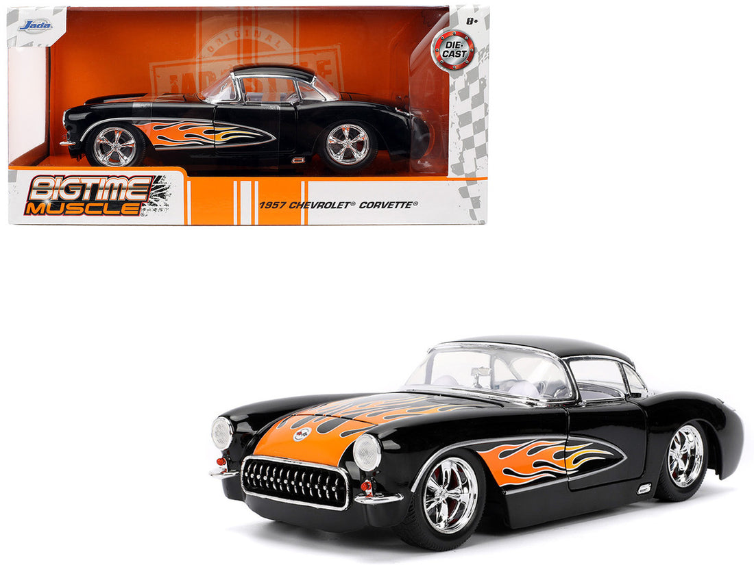 1957 Chevrolet Corvette Black with Flame Graphics and White Interior