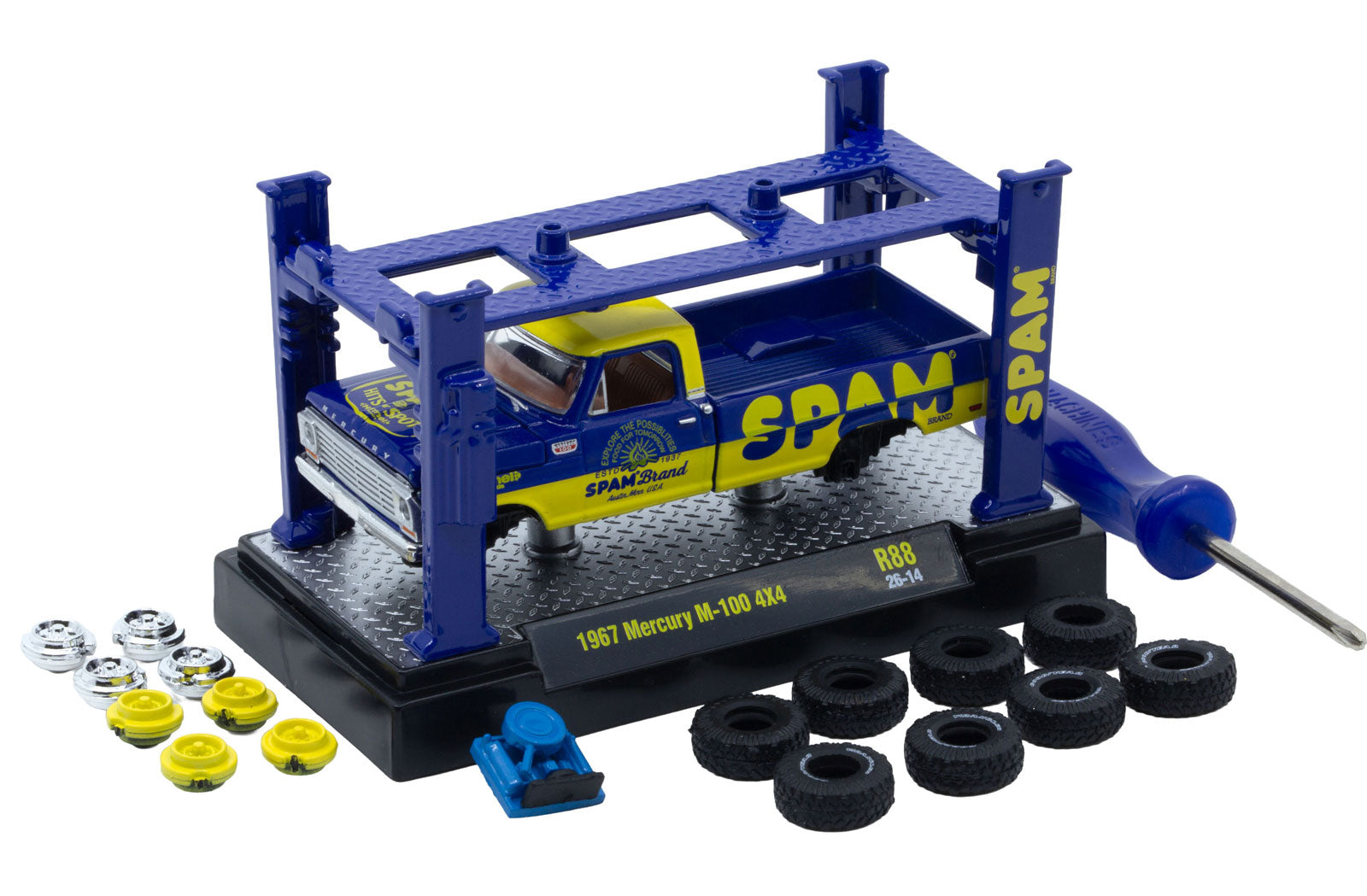 M2 Machines 1:64 Mercury M-100 4X4 Pickup Truck 1967 – Livrée SPAM – Model Kits Series 88 – 37000-88-C