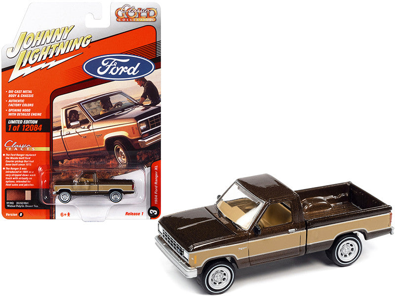 Johnny Lightning Classic Gold 1984 Ford Ranger XL Pickup Truck – Walnut Brown Metallic avec côtés Desert Tan – JLCG028-1B-C