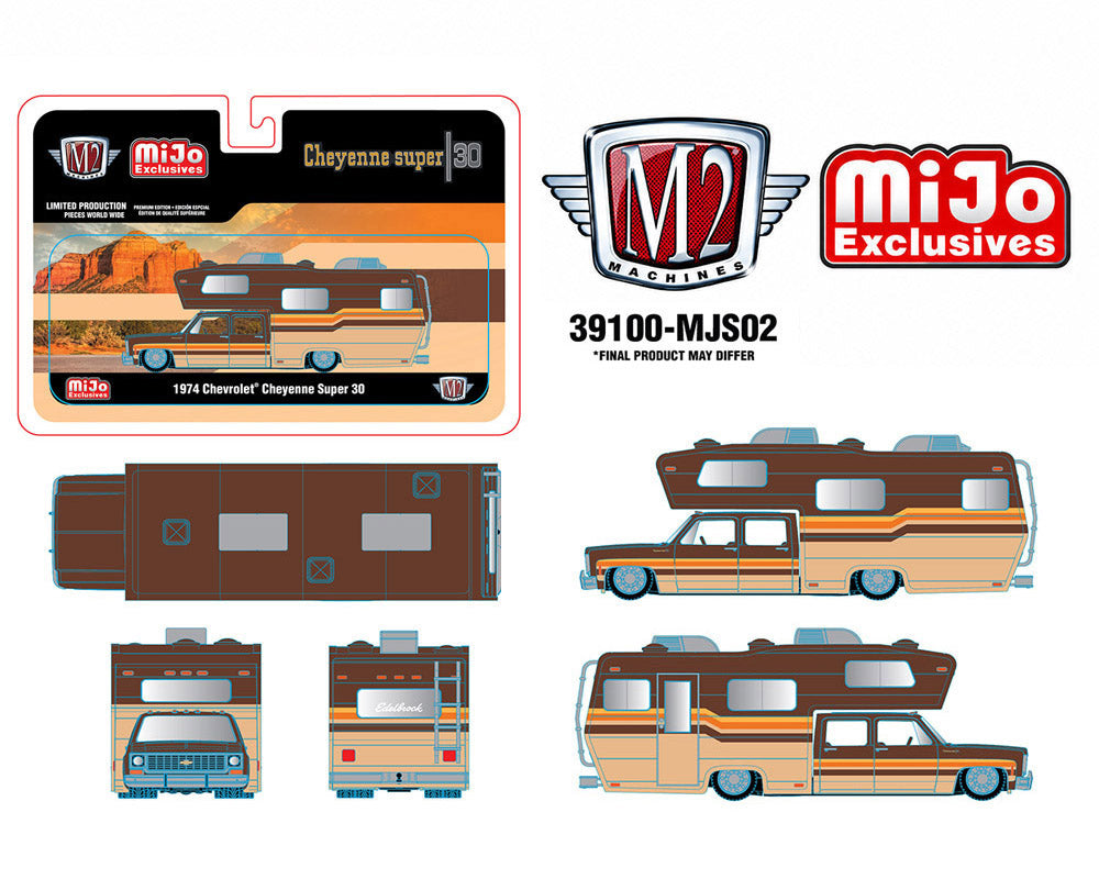 (PRE-ORDER 2027) M2 Machines 1:64 1974 Chevrolet Cheyenne Super 30 Custom Camper – Beige &amp; Brown – MiJo Exclusives 39100-MJS02