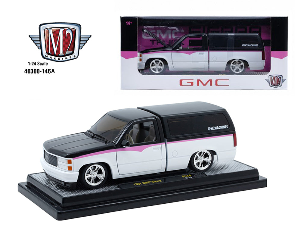 (PRE-ORDER 2026/2027) M2 Machines 1:24 1991 GMC Sierra Custom with Camper Shell – Black/White – Release 146A – 40300-146A
