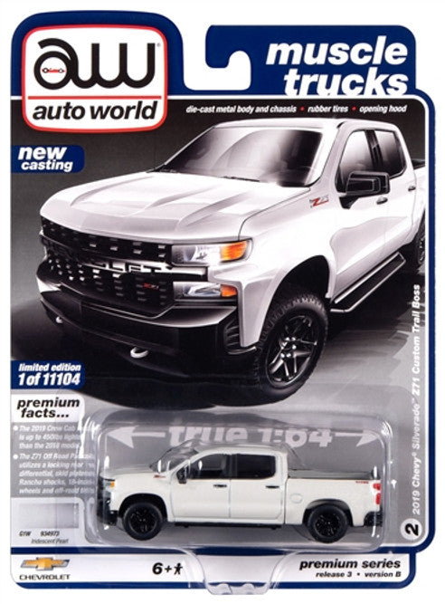 2019 Chevy Silverado Z71 Custom Trail Boss, White - Auto World AWSP043/24B