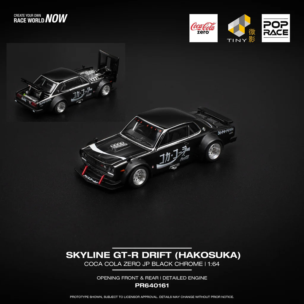 POPRACE 1/64 -SKYLINE GT-R DRIFT (HAKOSUKA) - COCA COLA ZERO JP BLACK CHROME PR640161