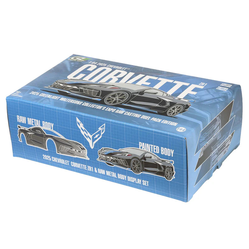 GreenLight Waltersons Collector’s Expo Exclusive 1:64 2025 Chevrolet Corvette C8 ZR1 Black with Blue Stripes and Raw Casting GL51683-A